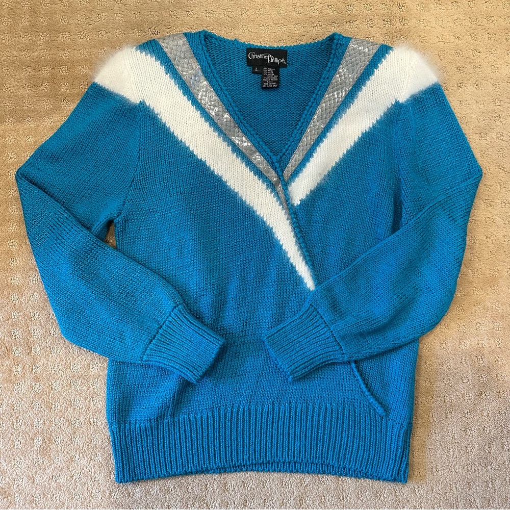 Vintage Christine Phillipé color block sweater with snakeskin and angora accents